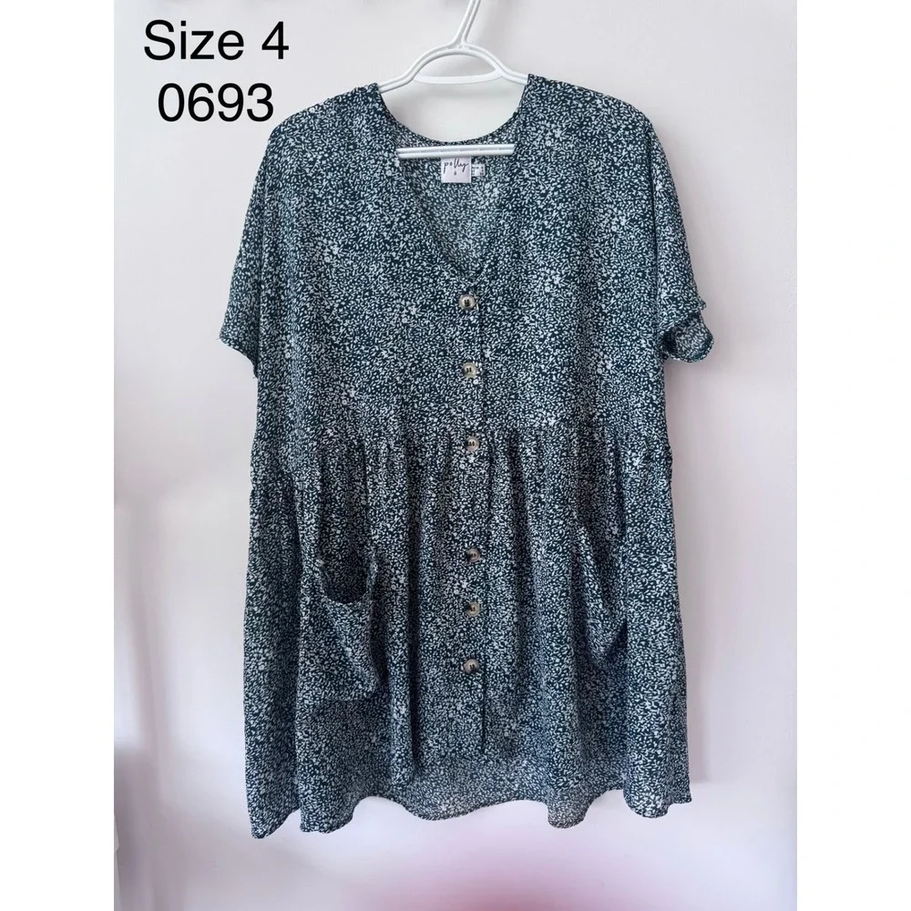 Princess Polly Green White Floral Button Front Babydoll Mini Dress Size 4 US
